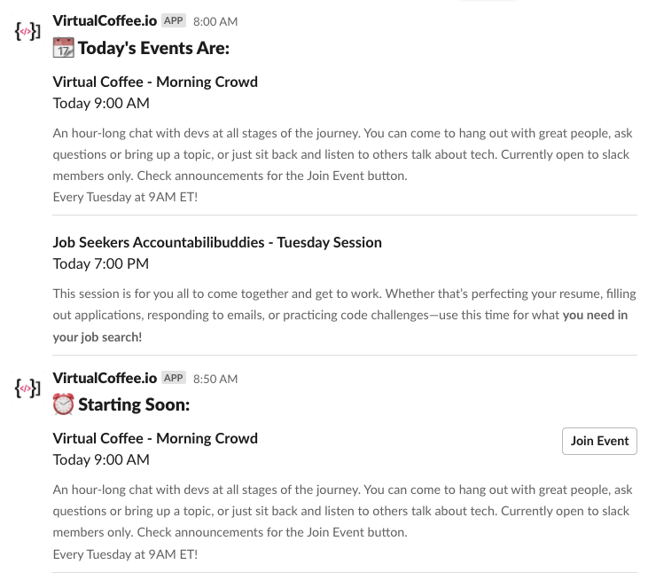 Slack event reminders screenshot